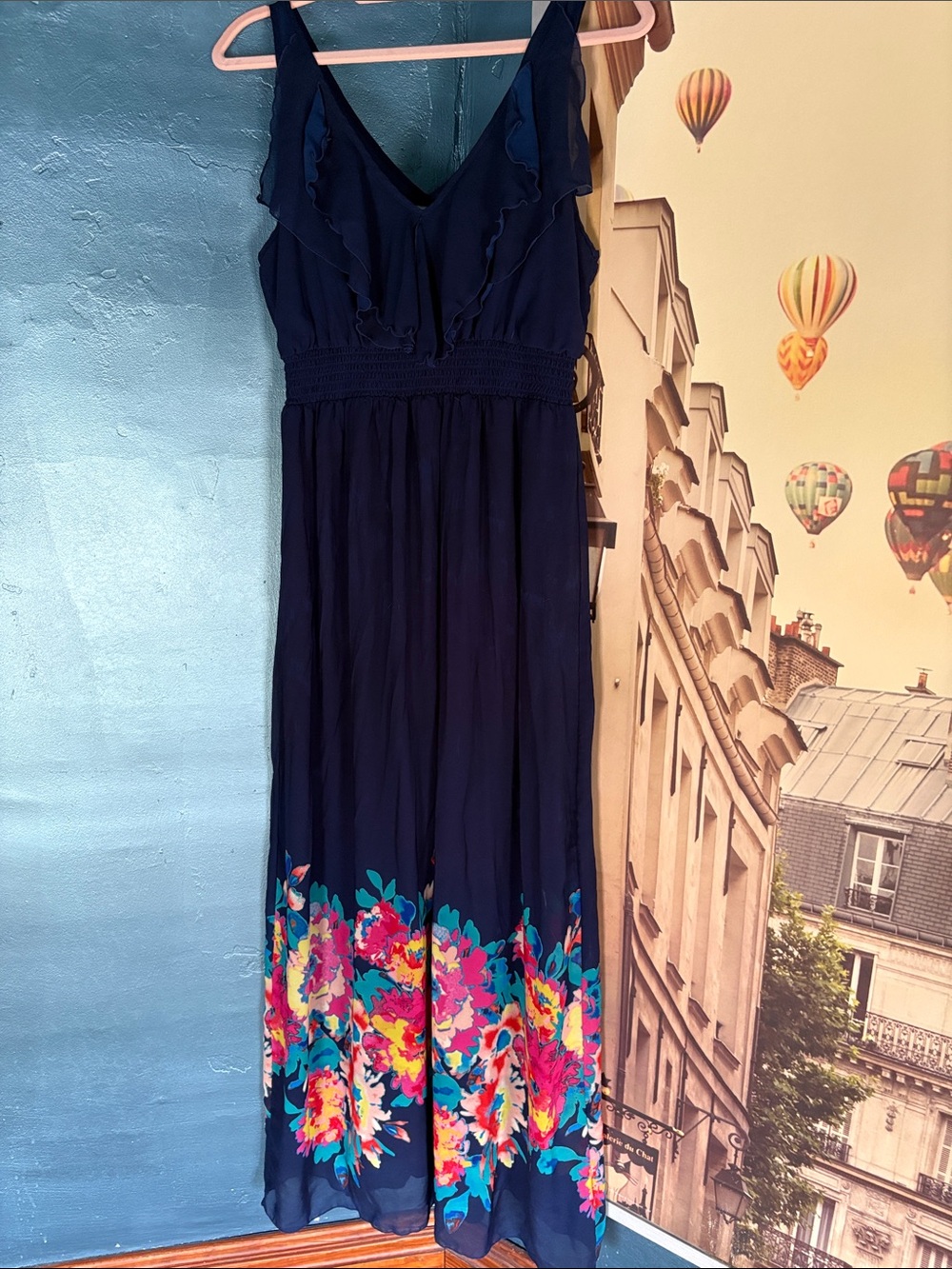 Old Navy Navy Maxi Dress with Bright Floral Border